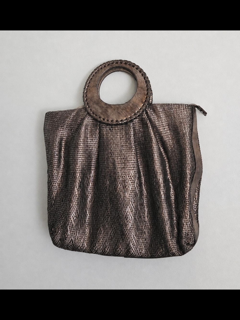 Monsac Original Woven Leather Tote Bag Metallic Bronze Circle Handle Striking!